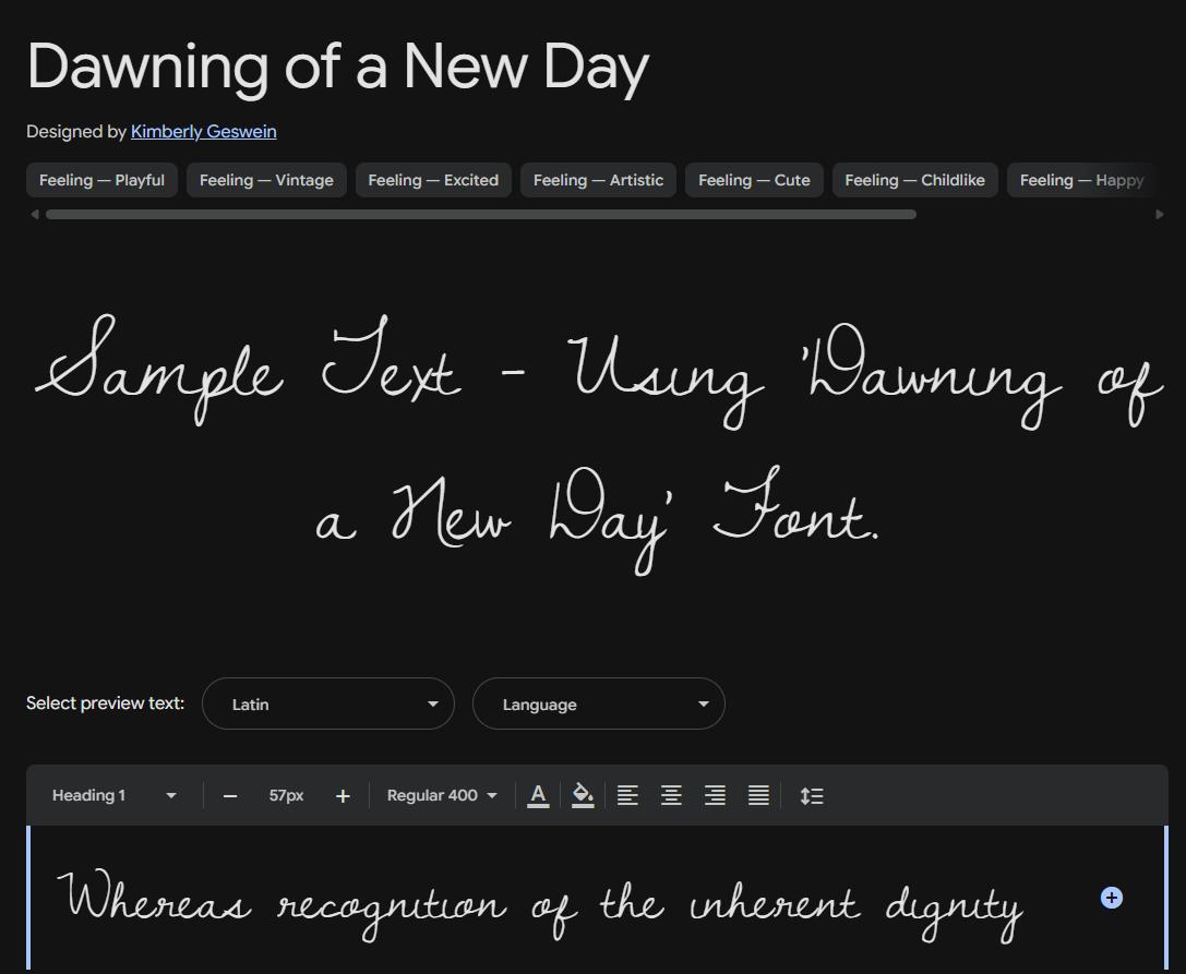 Image sample preview for text using Dawning of a New Day font family