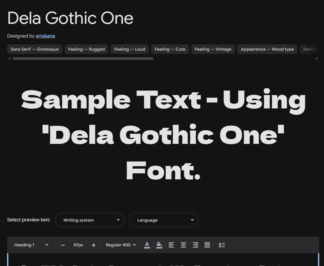 Image sample preview for text using Dela Gothic One font family