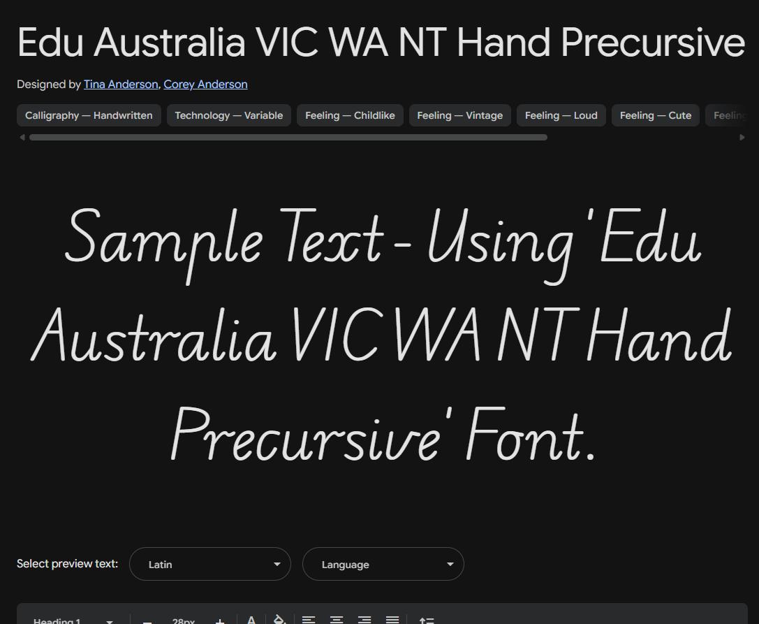 Image sample preview for text using Edu Australia VIC WA NT Hand Precursive font family