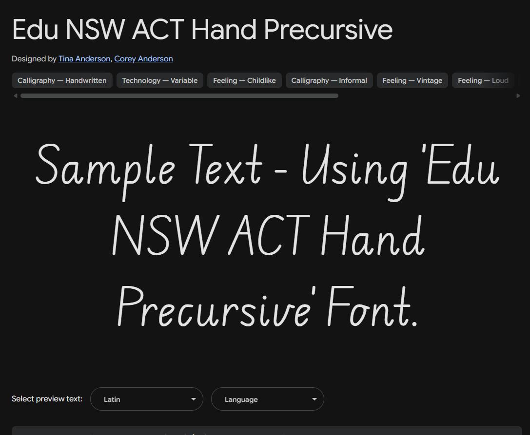 Image sample preview for text using Edu NSW ACT Hand Precursive font family