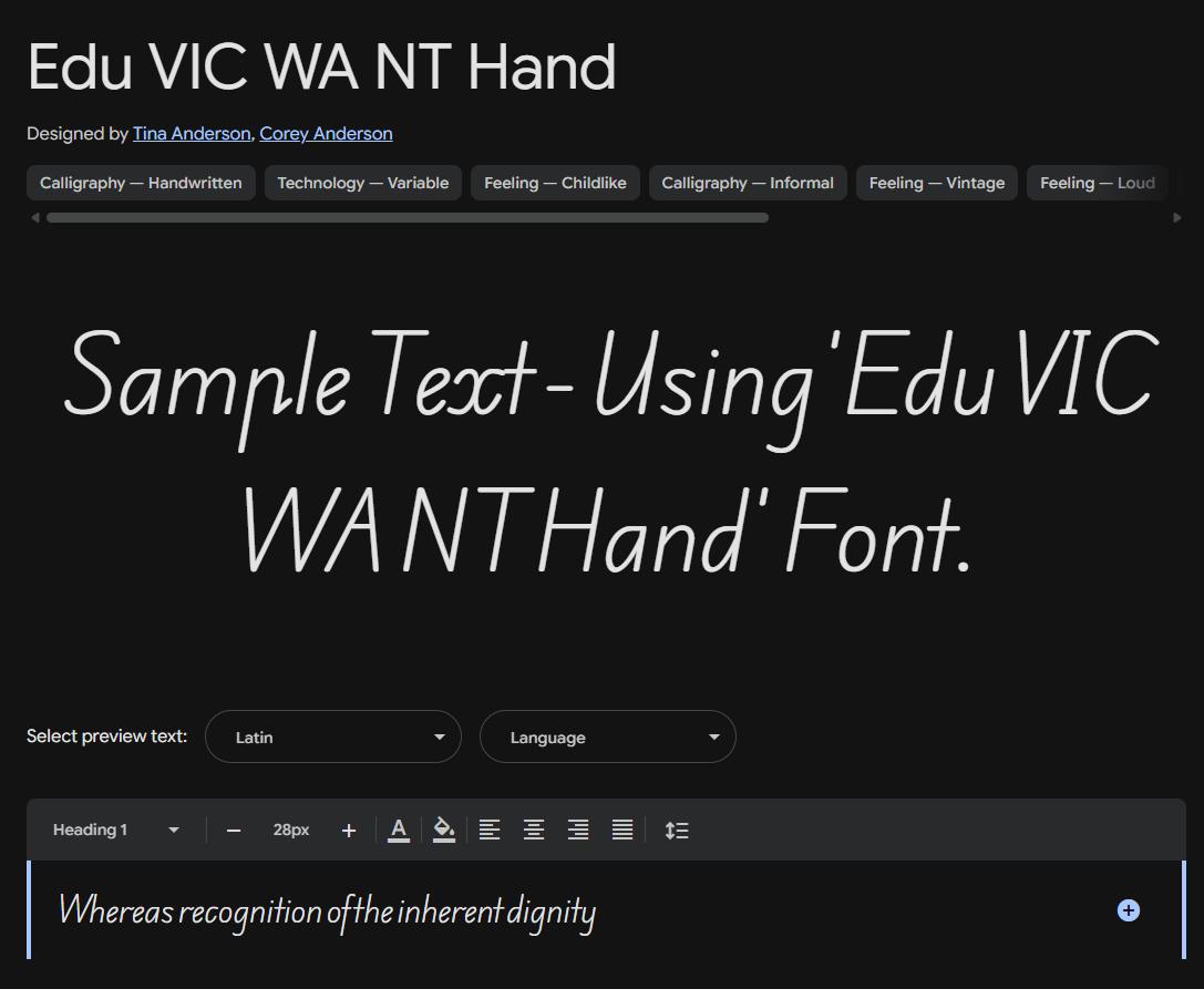 Image sample preview for text using Edu VIC WA NT Hand font family