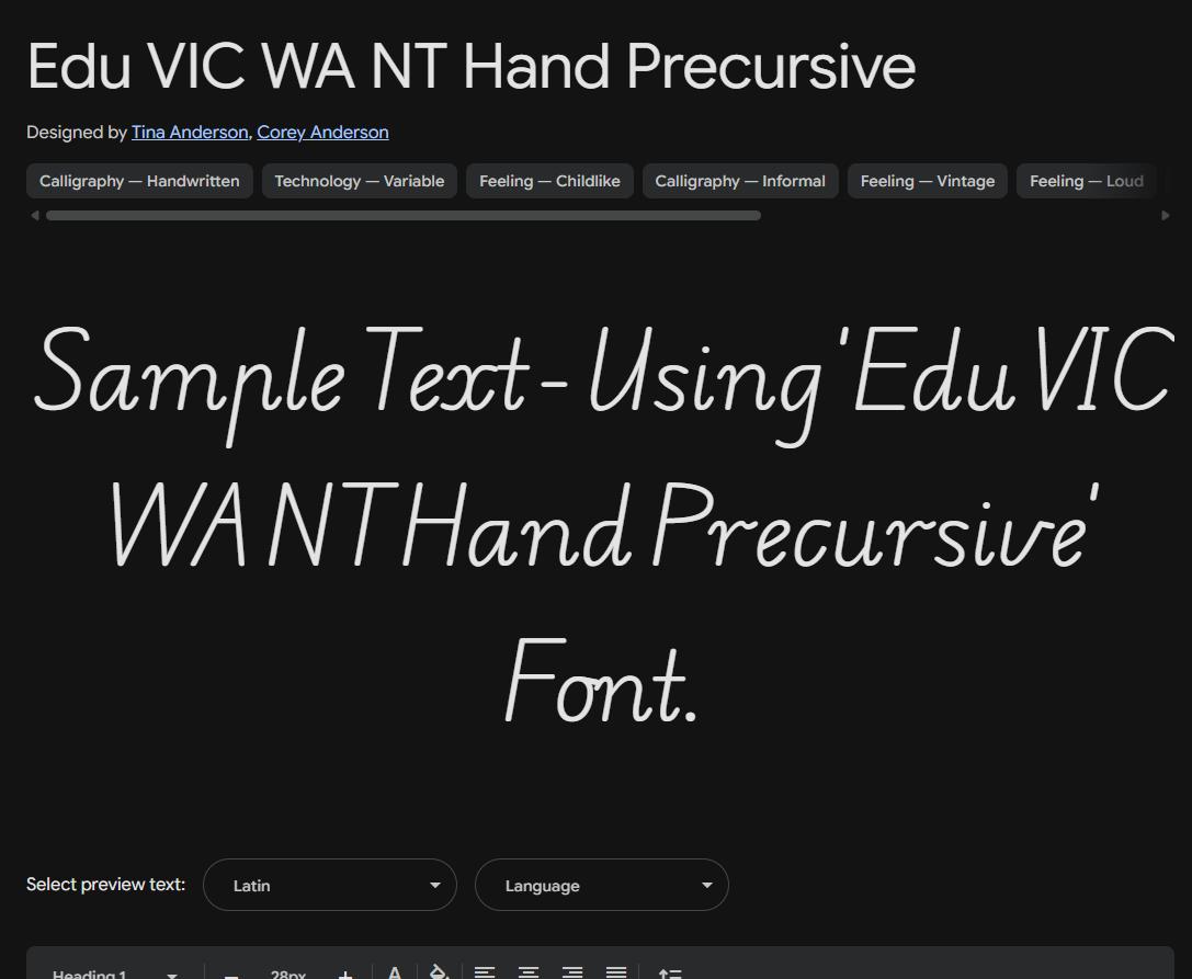 Image sample preview for text using Edu VIC WA NT Hand Precursive font family