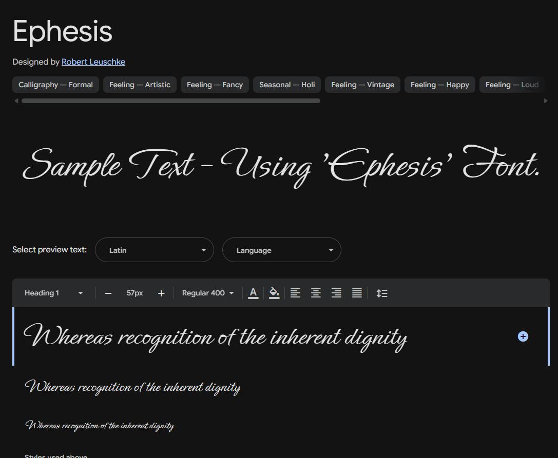 Image sample preview for text using Ephesis font family