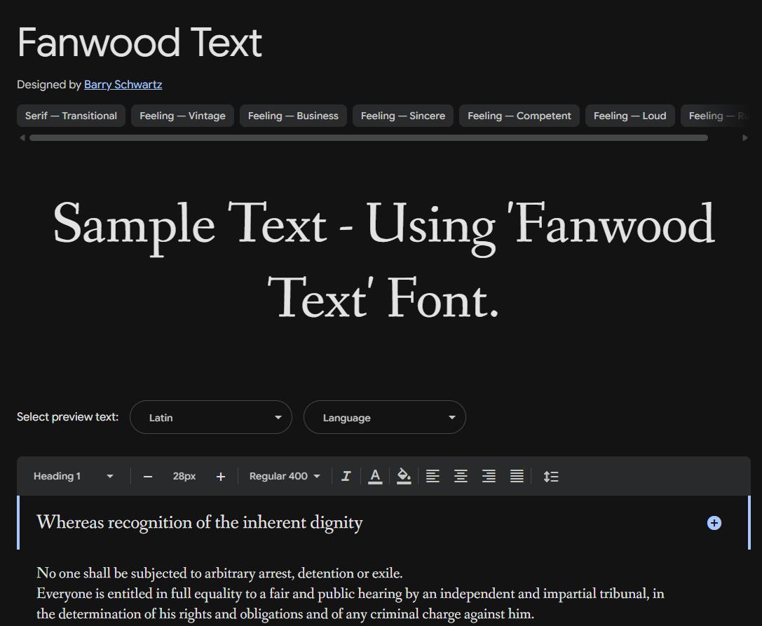 Image sample preview for text using Fanwood Text font family