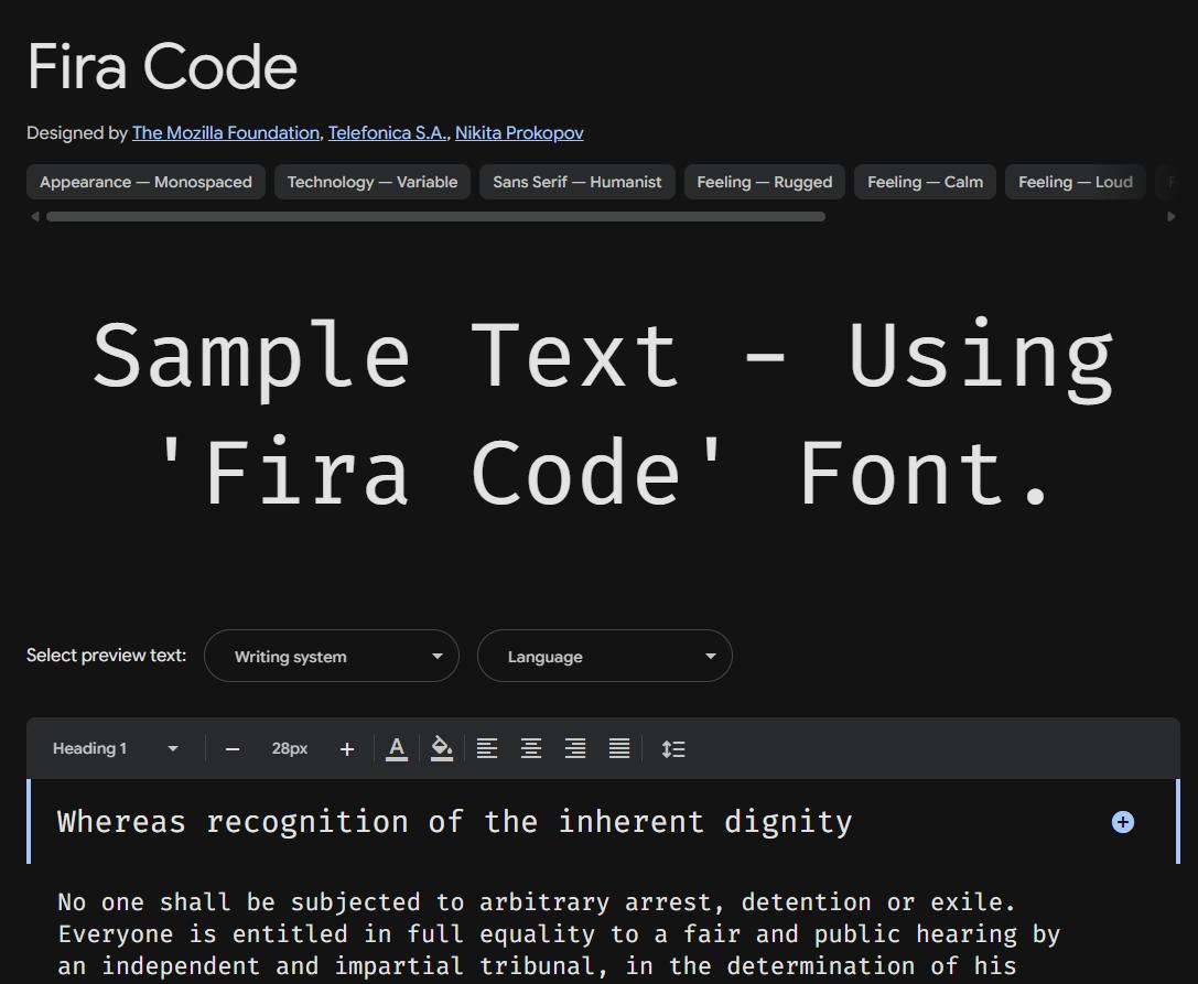 Image sample preview for text using Fira Code font family