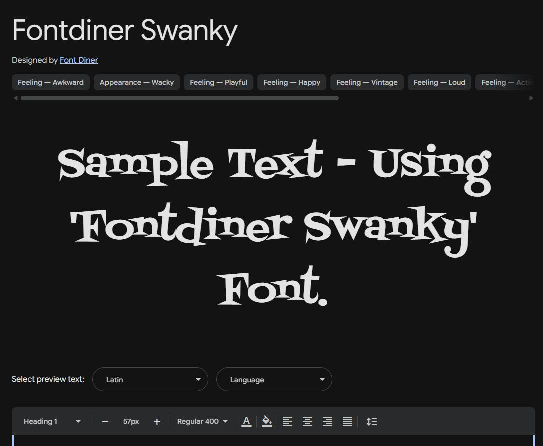 Image sample preview for text using Fontdiner Swanky font family