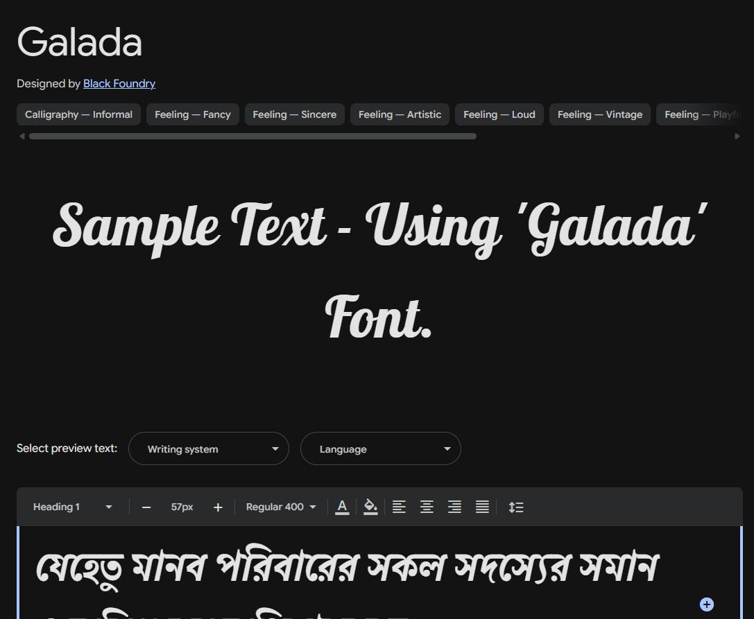 Image sample preview for text using Galada font family
