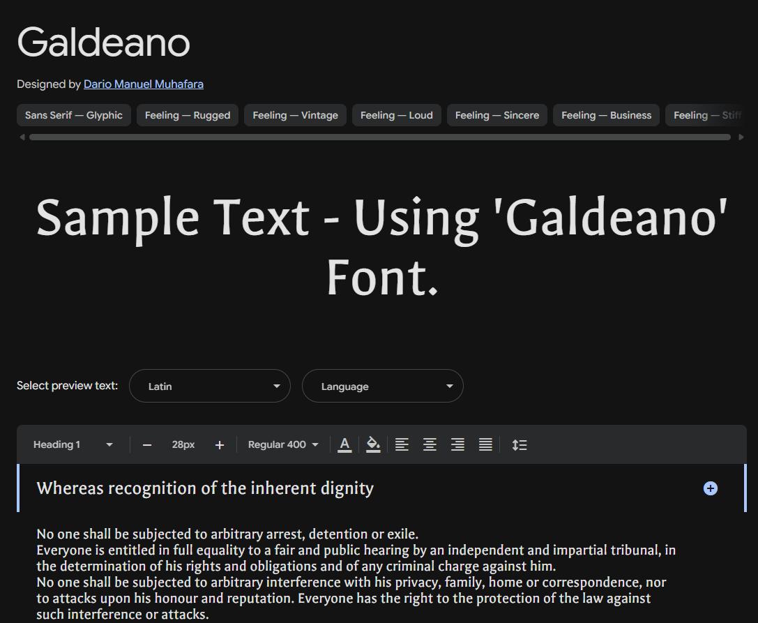 Image sample preview for text using Galdeano font family