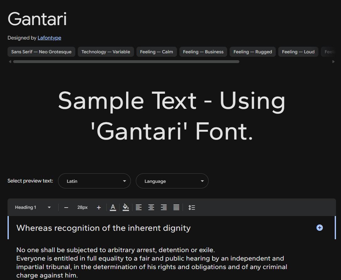 Image sample preview for text using Gantari font family
