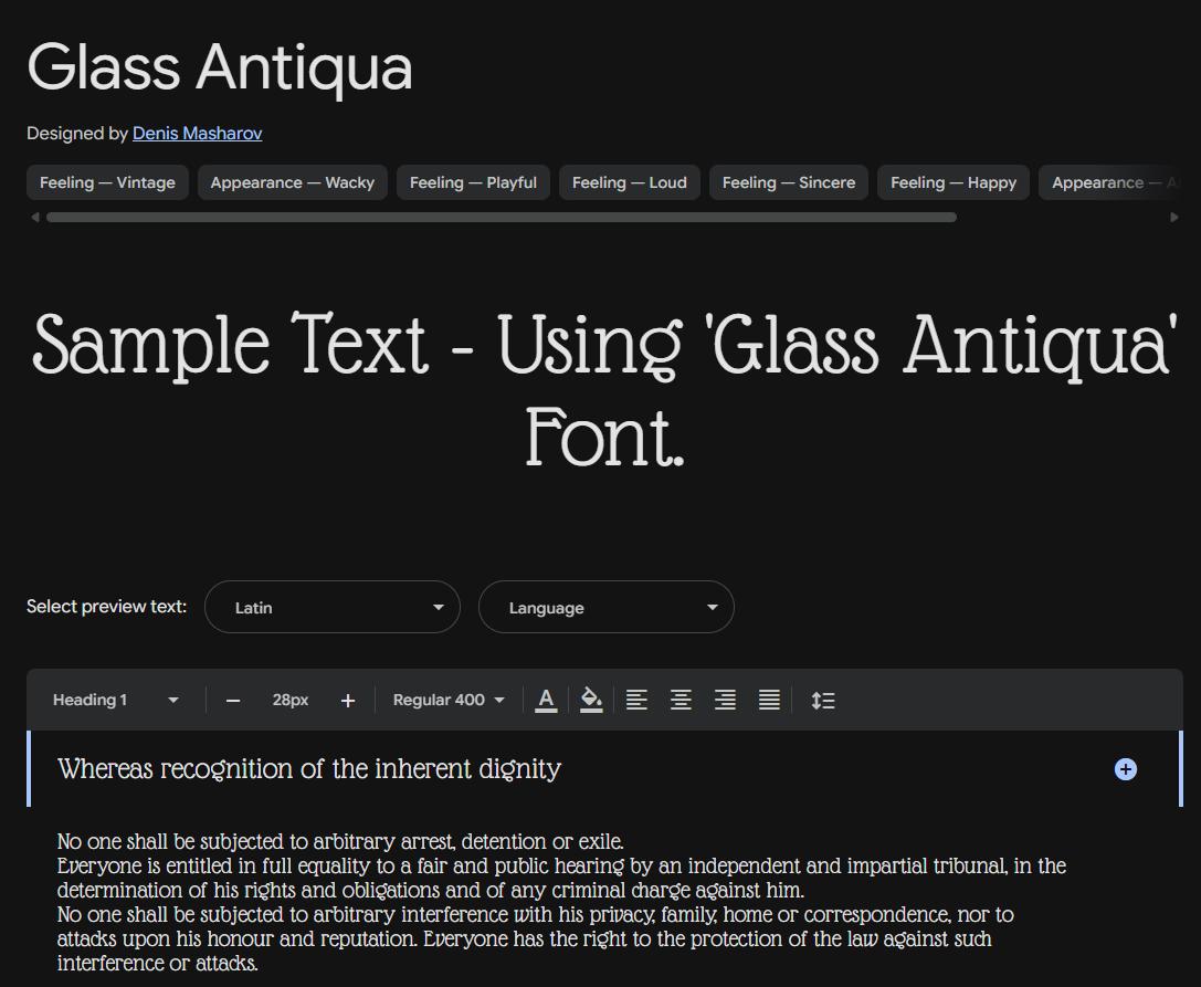 Image sample preview for text using Glass Antiqua font family