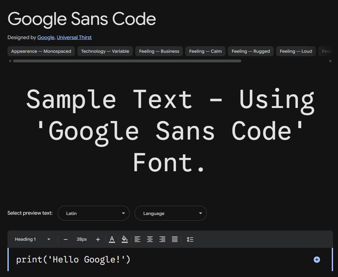 Image sample preview for text using Google Sans Code font family