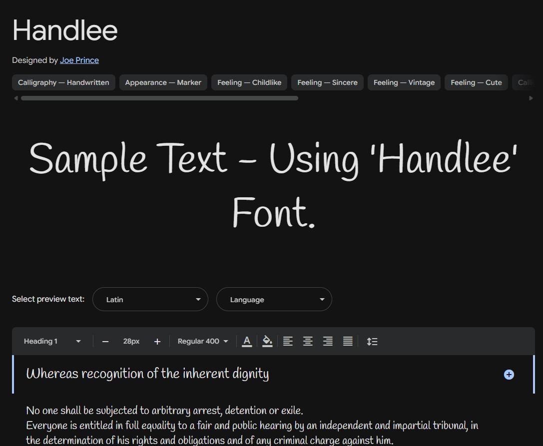 Image sample preview for text using Handlee font family