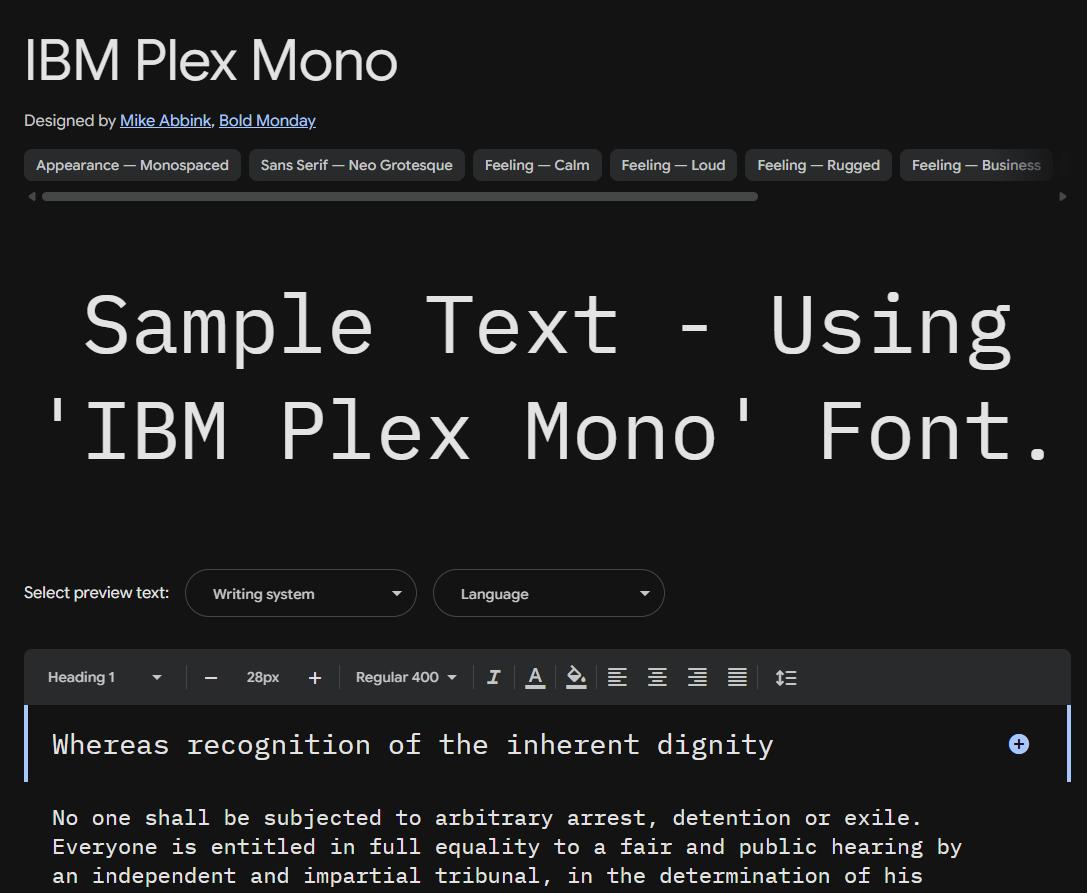 Image sample preview for text using IBM Plex Mono font family
