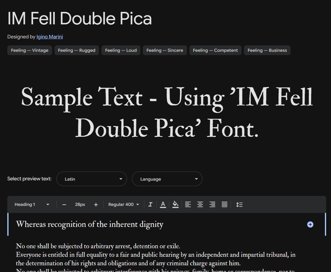 Image sample preview for text using IM Fell Double Pica font family