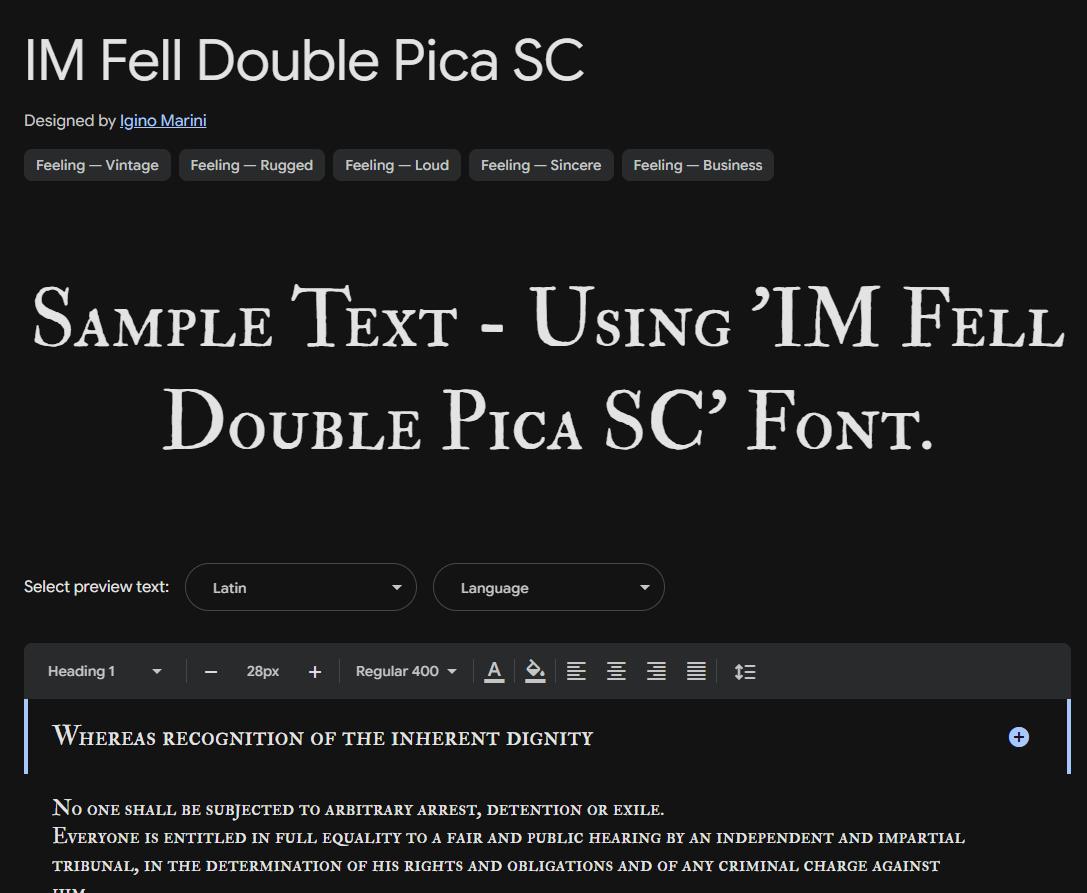 Image sample preview for text using IM Fell Double Pica SC font family