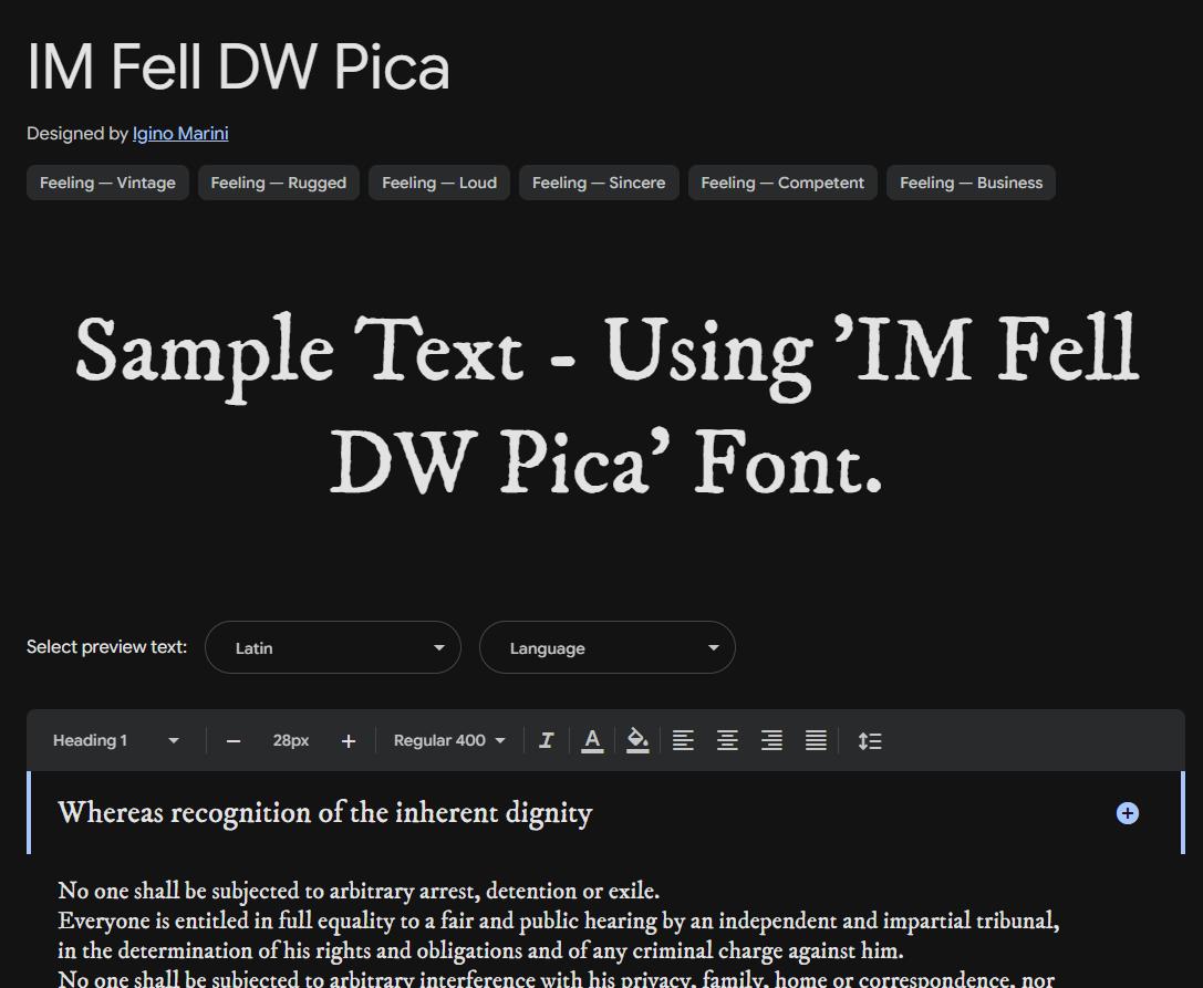 Image sample preview for text using IM Fell DW Pica font family