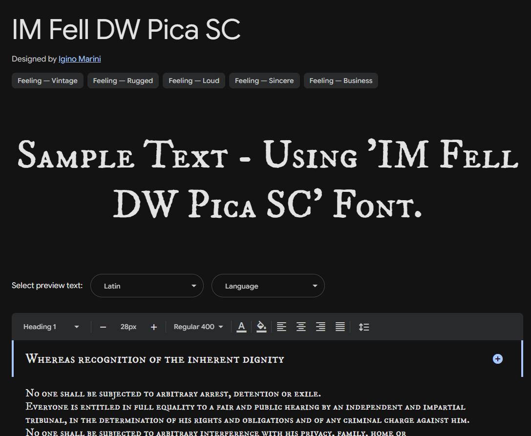 Image sample preview for text using IM Fell DW Pica SC font family