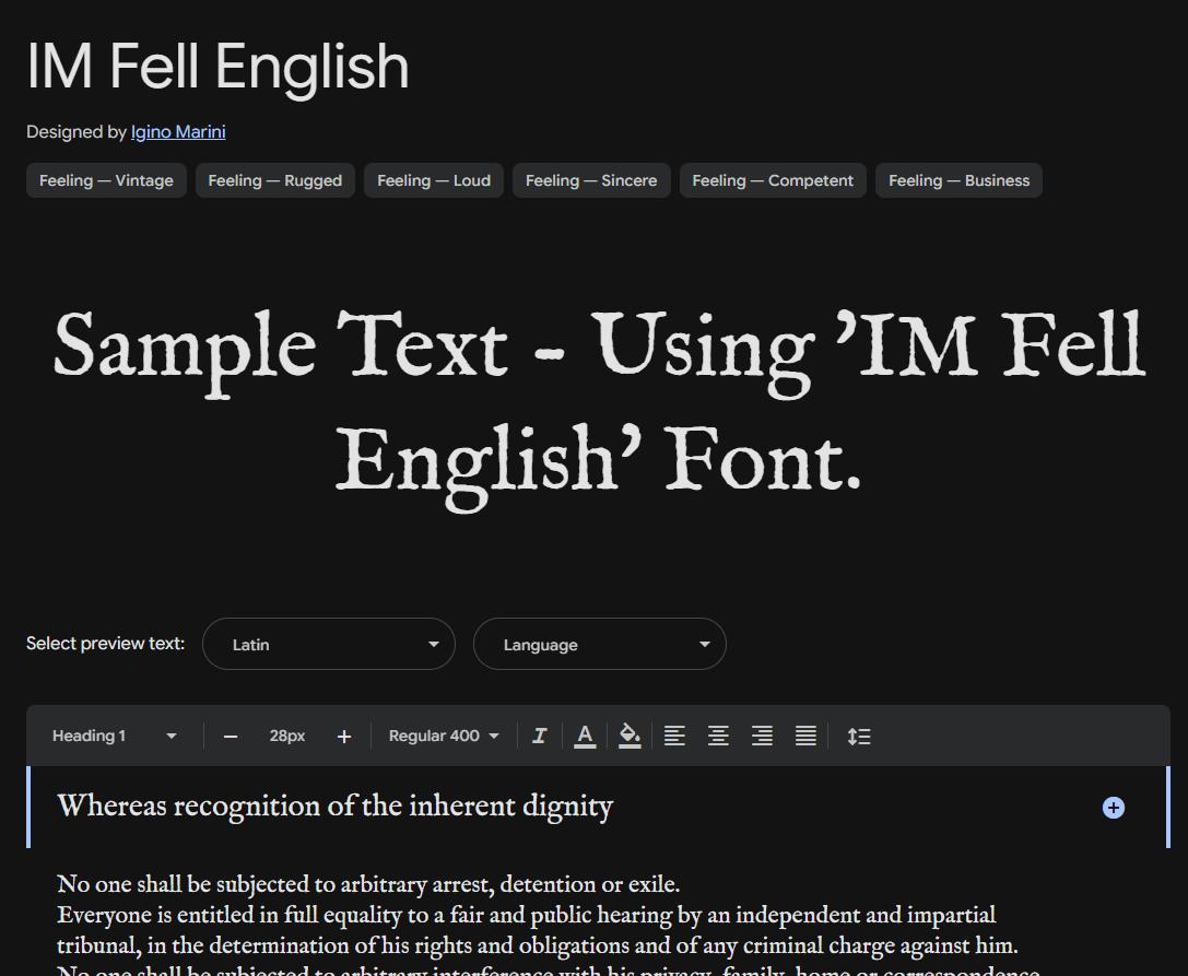 Image sample preview for text using IM Fell English font family
