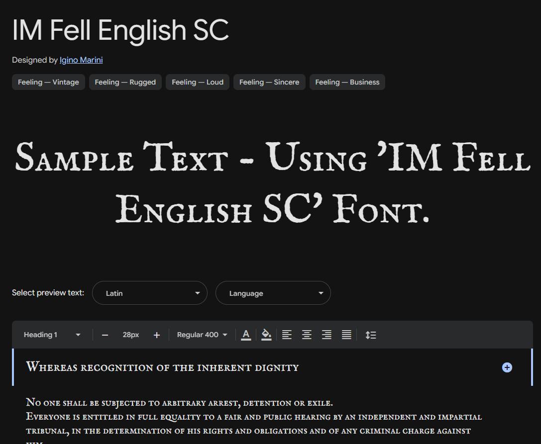 Image sample preview for text using IM Fell English SC font family