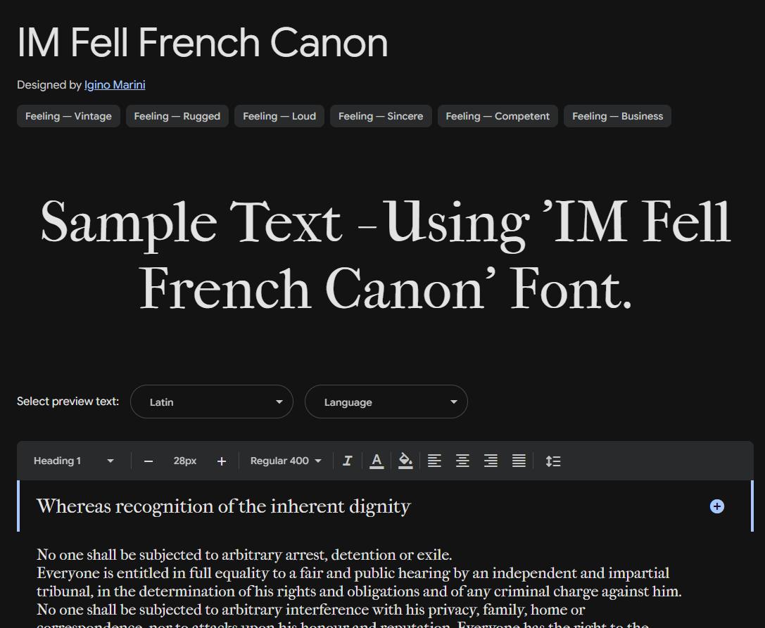 Image sample preview for text using IM Fell French Canon font family