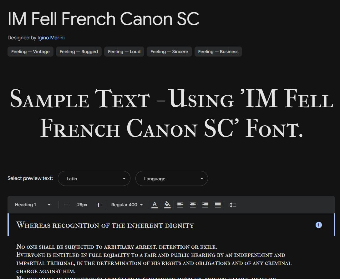 Image sample preview for text using IM Fell French Canon SC font family