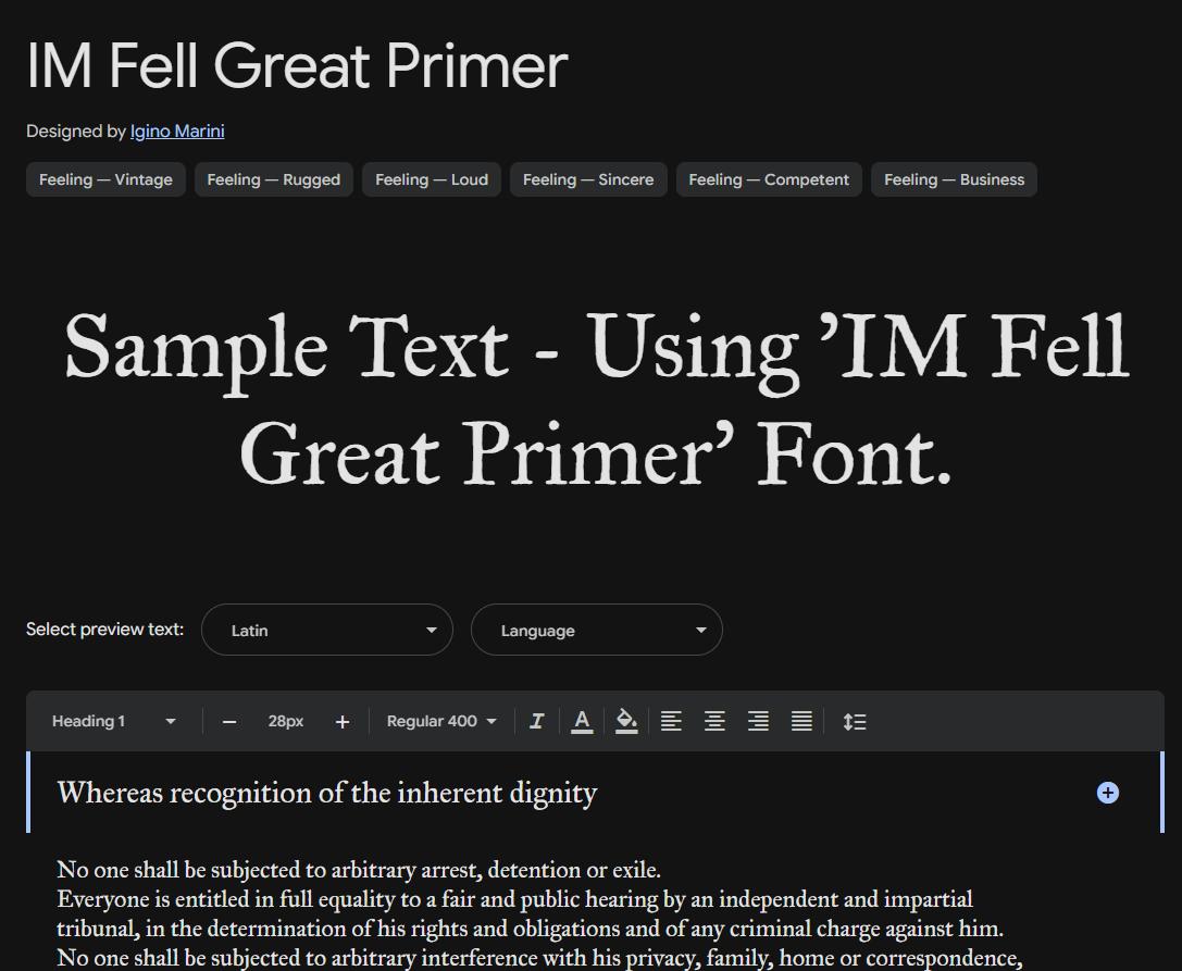 Image sample preview for text using IM Fell Great Primer font family