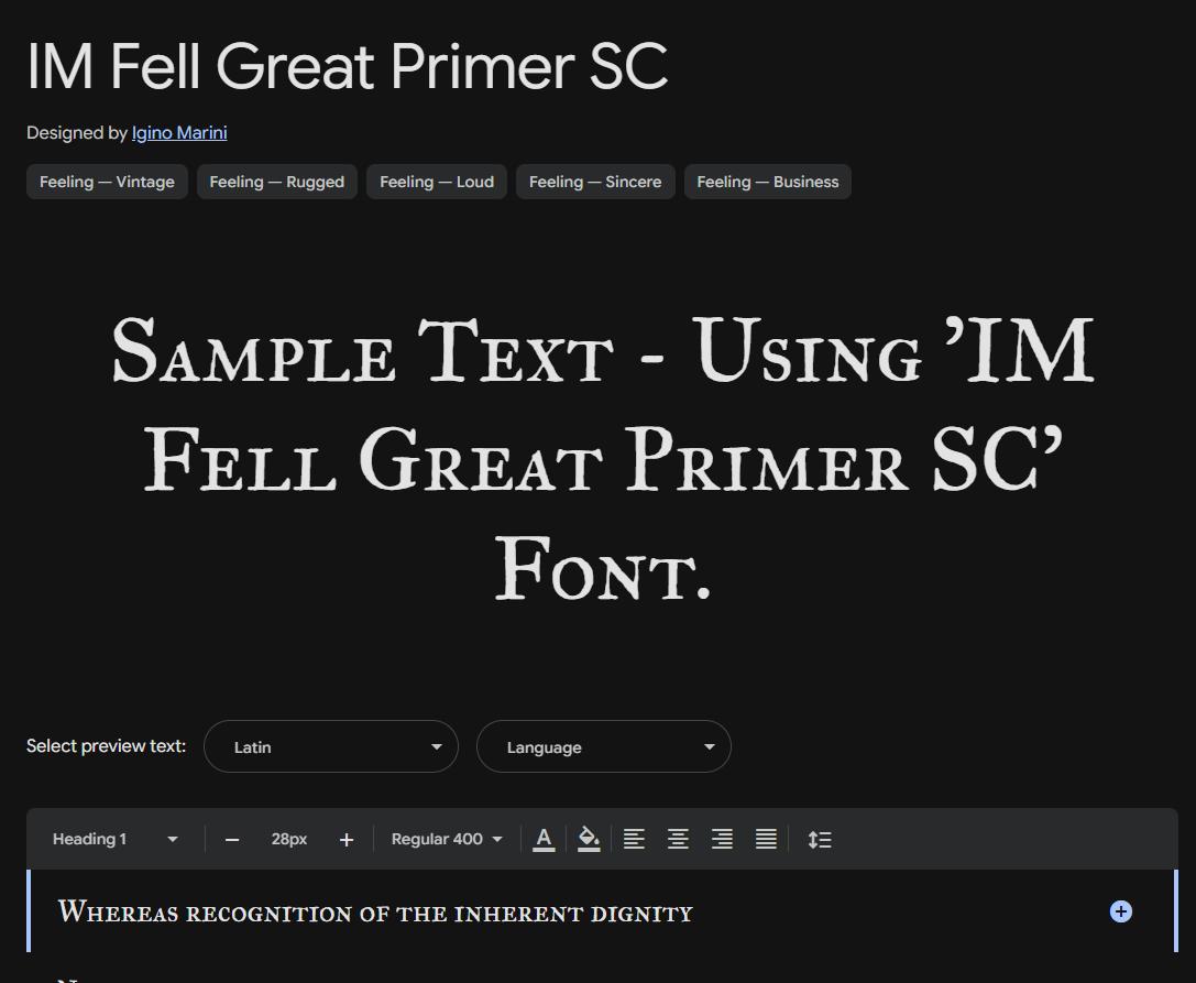 Image sample preview for text using IM Fell Great Primer SC font family