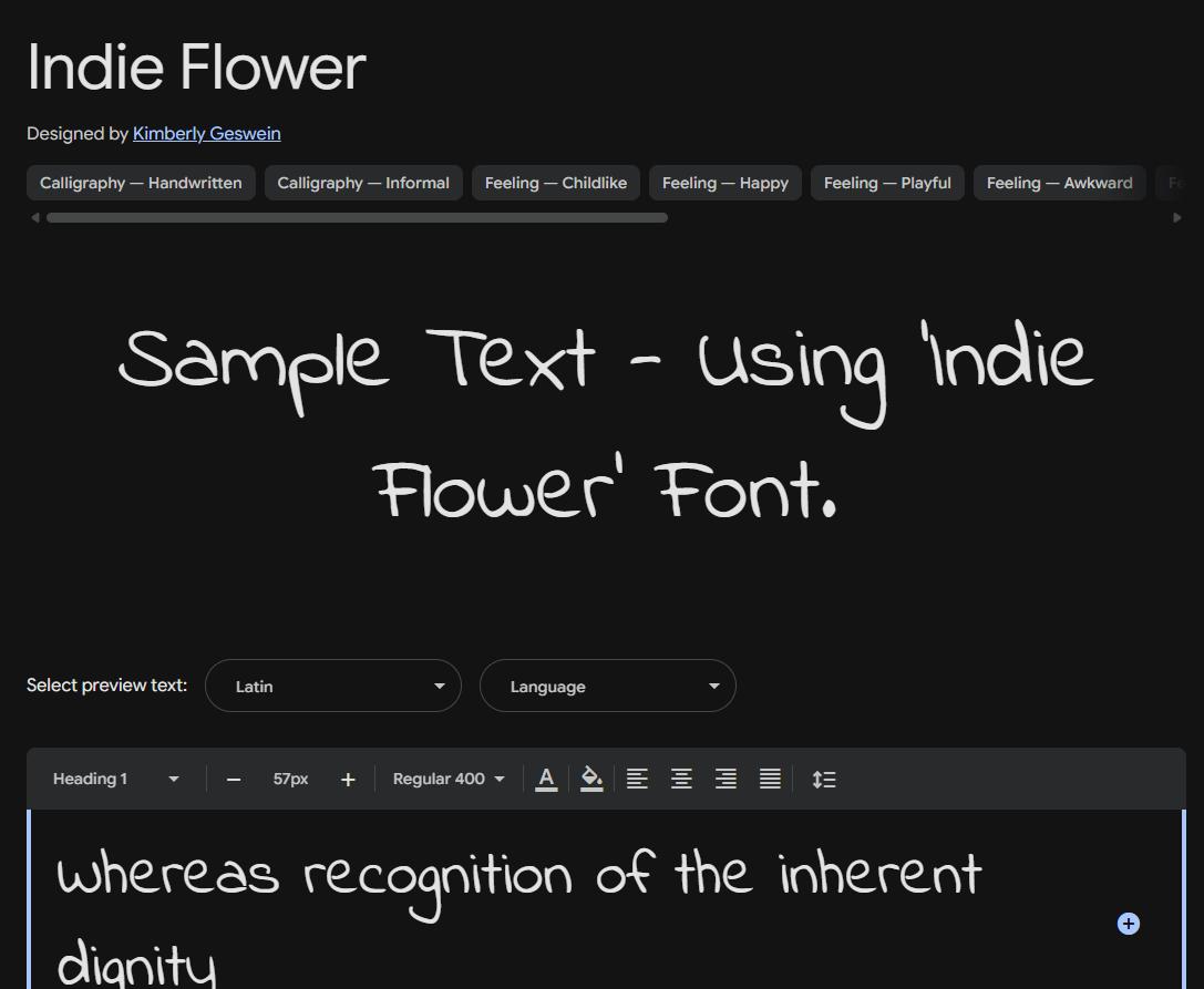 Image sample preview for text using Indie Flower font family