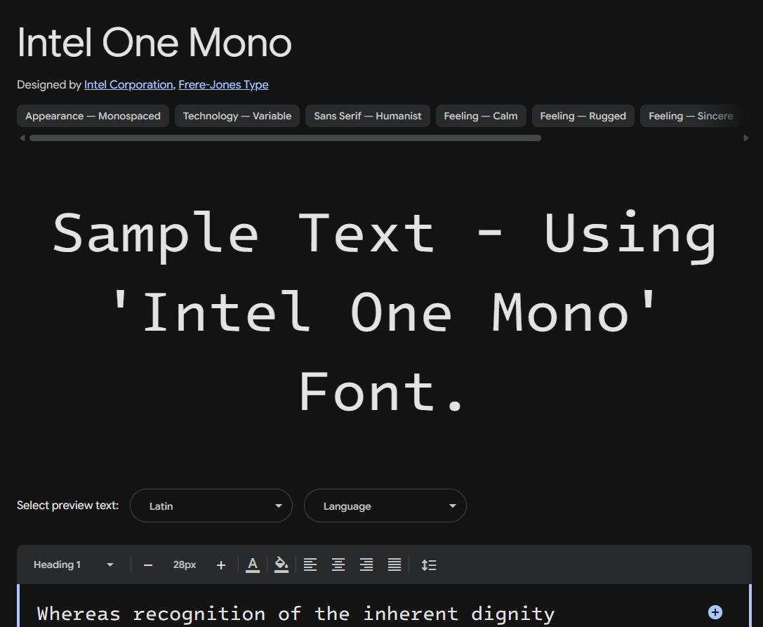 Image sample preview for text using Intel One Mono font family