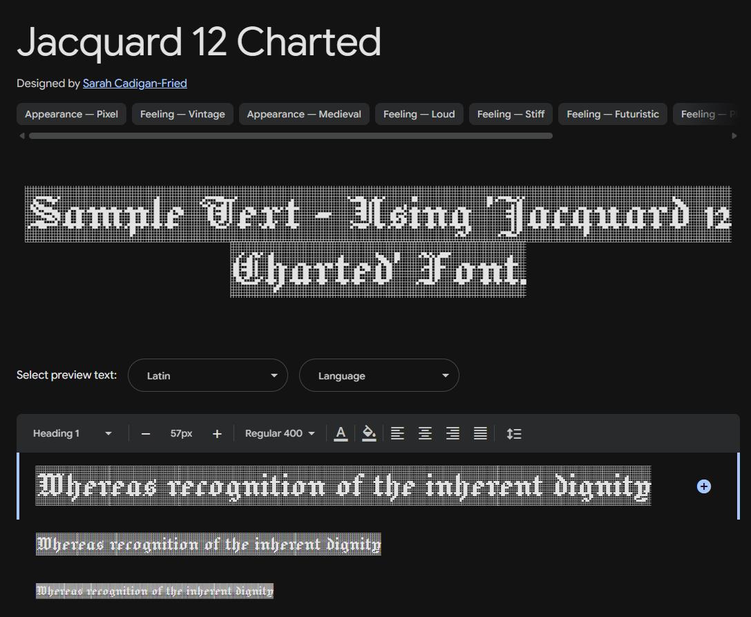Image sample preview for text using Jacquard 12 Charted font family