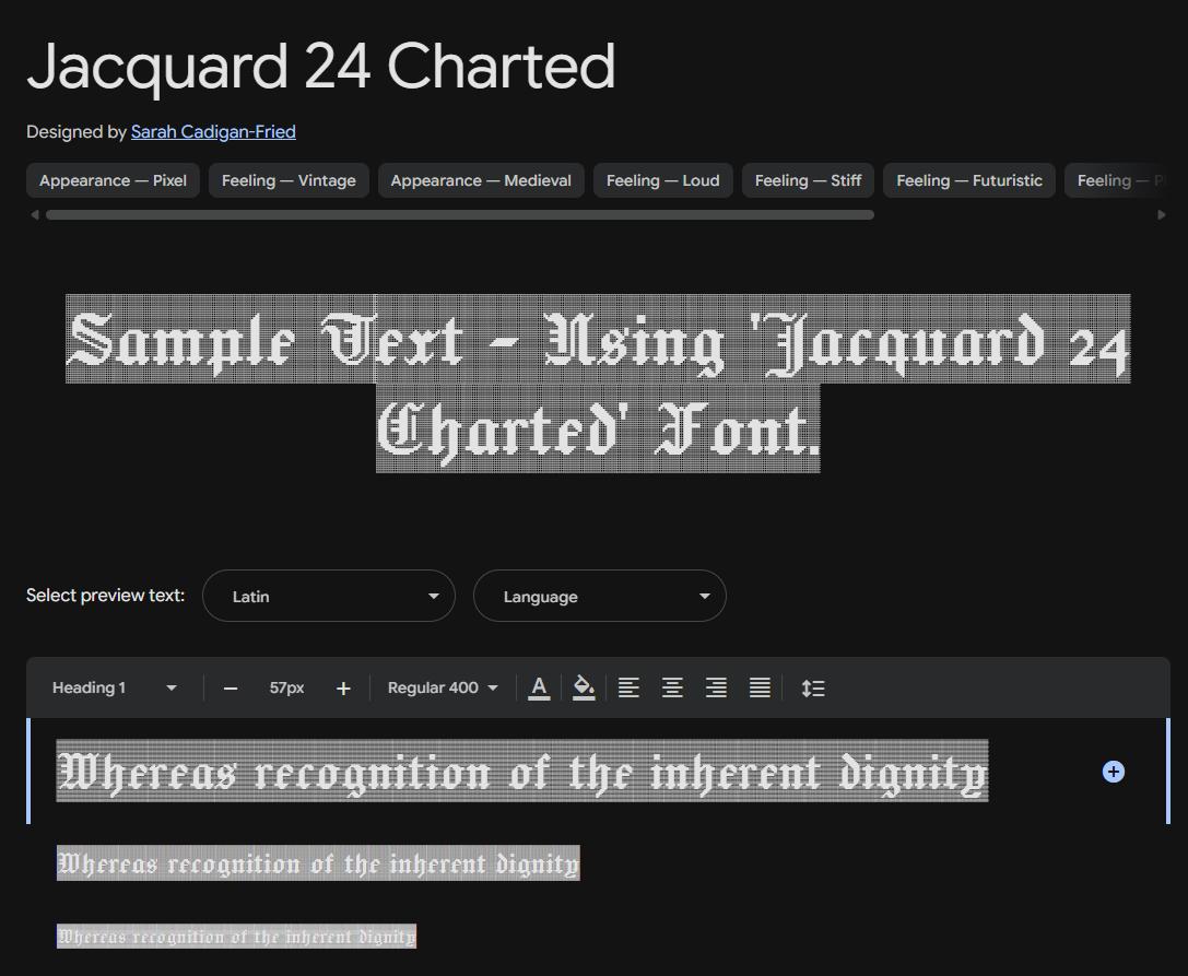 Image sample preview for text using Jacquard 24 Charted font family