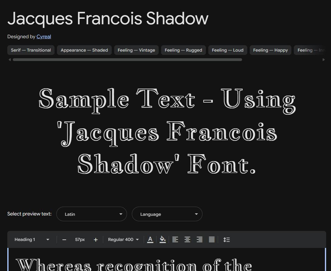 Image sample preview for text using Jacques Francois Shadow font family