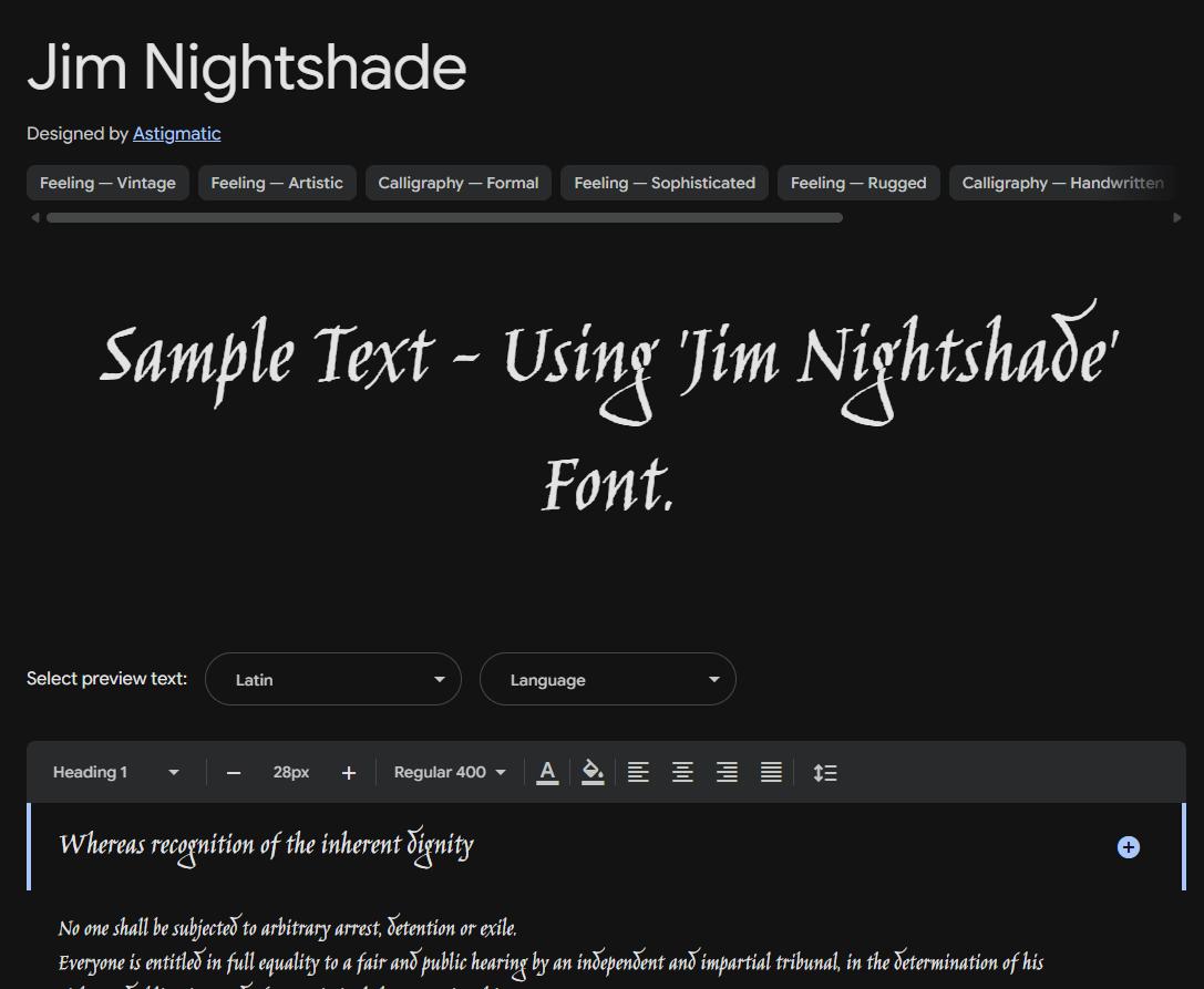 Image sample preview for text using Jim Nightshade font family