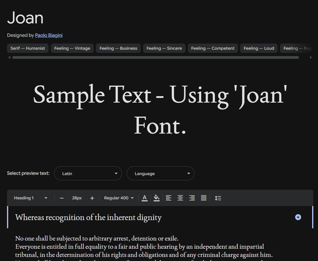 Image sample preview for text using Joan font family