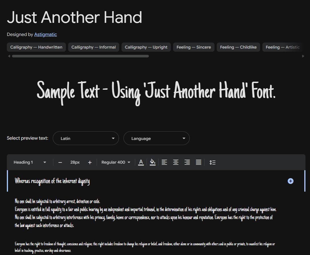 Image sample preview for text using Just Another Hand font family