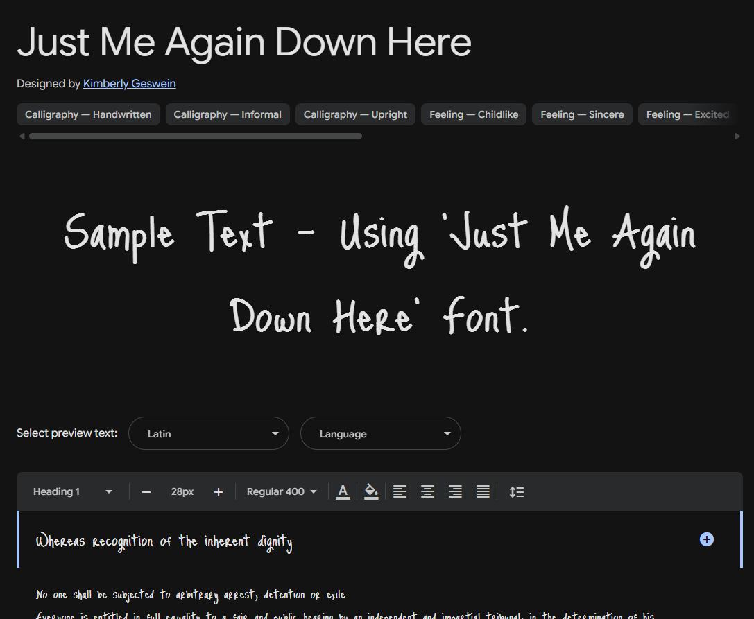 Image sample preview for text using Just Me Again Down Here font family
