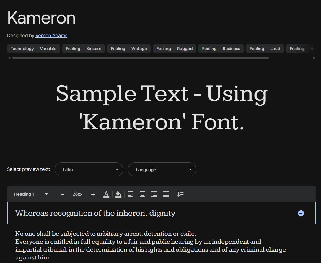 Image sample preview for text using Kameron font family