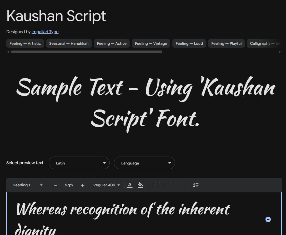 Image sample preview for text using Kaushan Script font family
