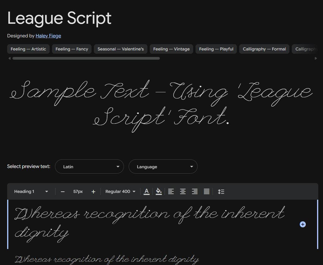 Image sample preview for text using League Script font family