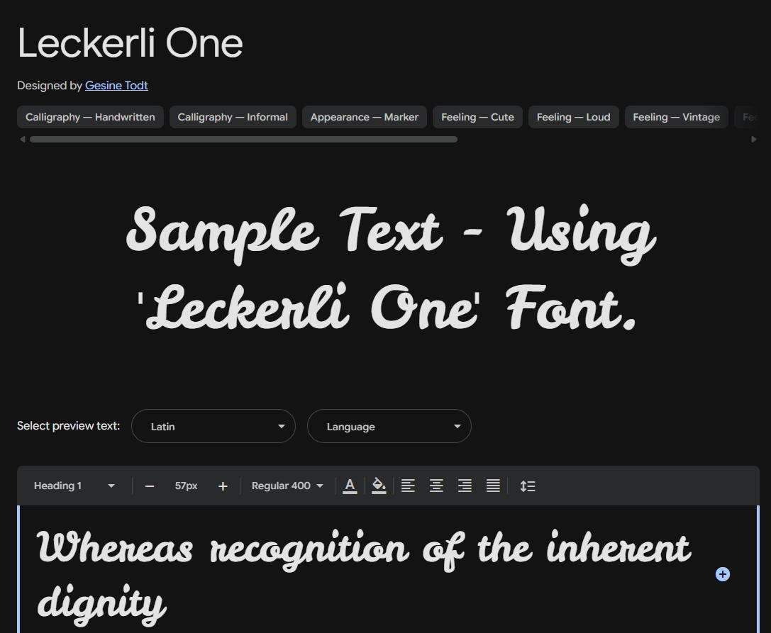 Image sample preview for text using Leckerli One font family