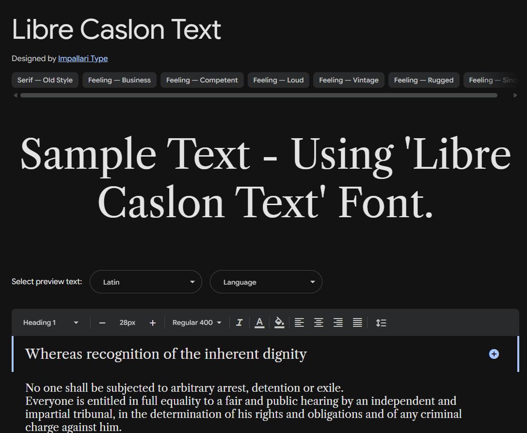 Image sample preview for text using Libre Caslon Text font family