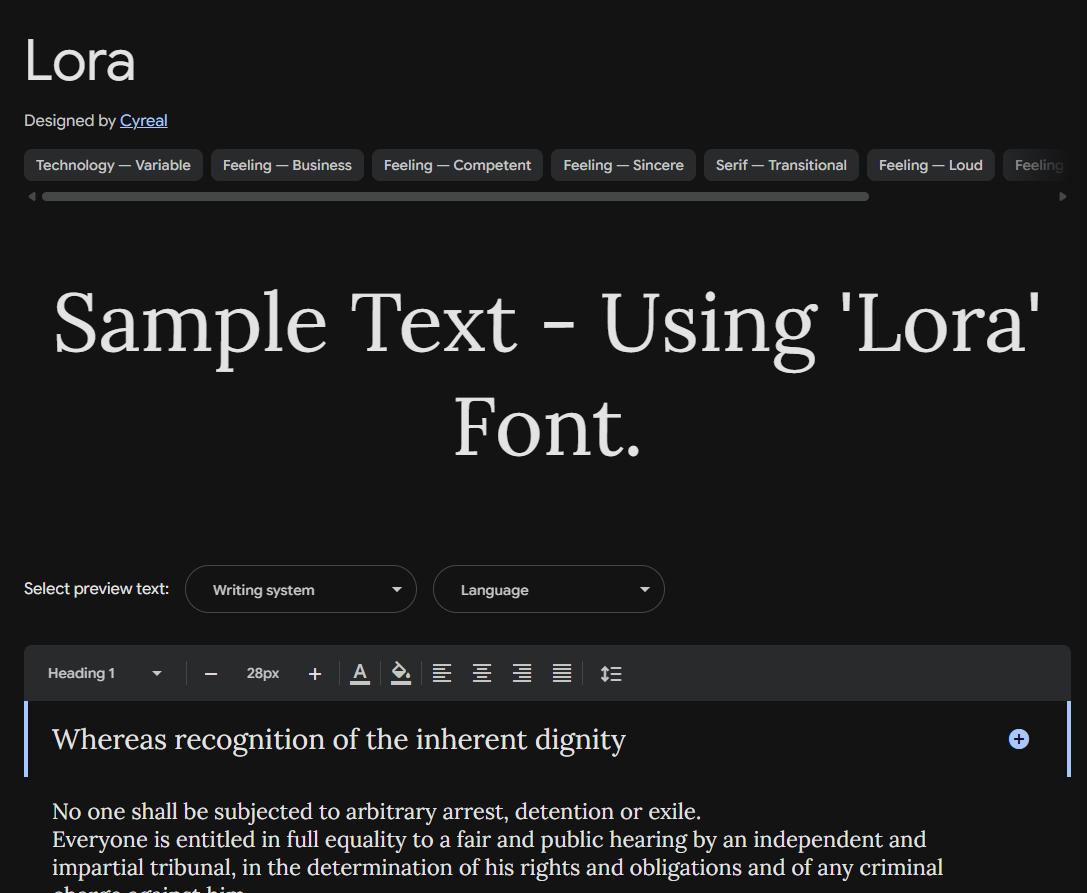 Image sample preview for text using Lora font family