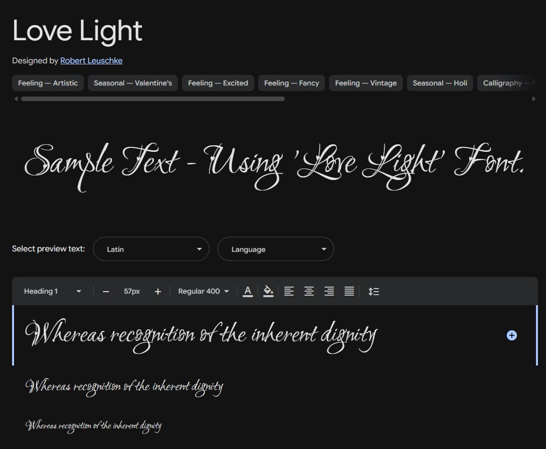 Image sample preview for text using Love Light font family