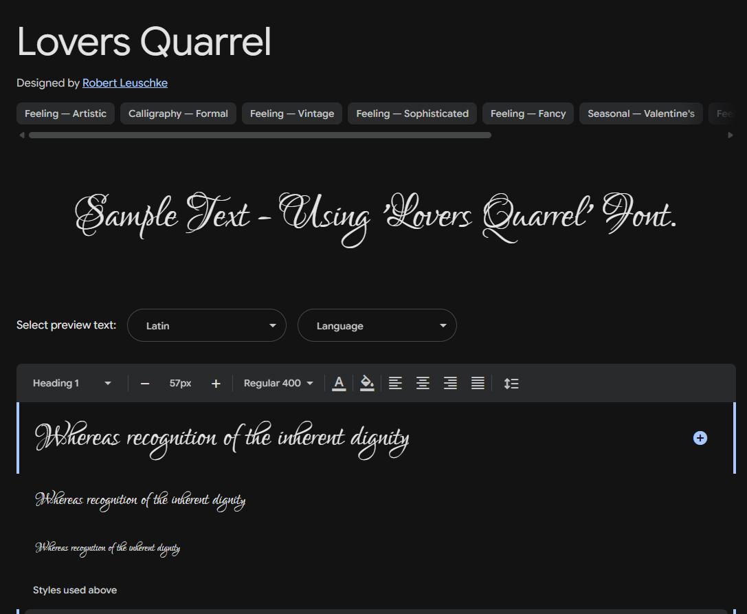Image sample preview for text using Lovers Quarrel font family