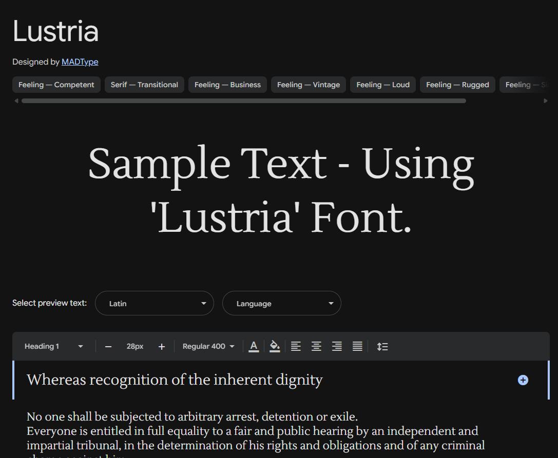 Image sample preview for text using Lustria font family