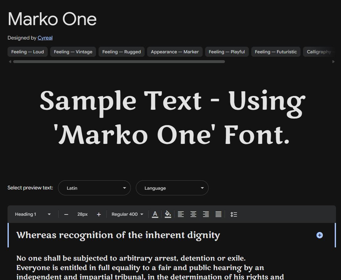 Image sample preview for text using Marko One font family