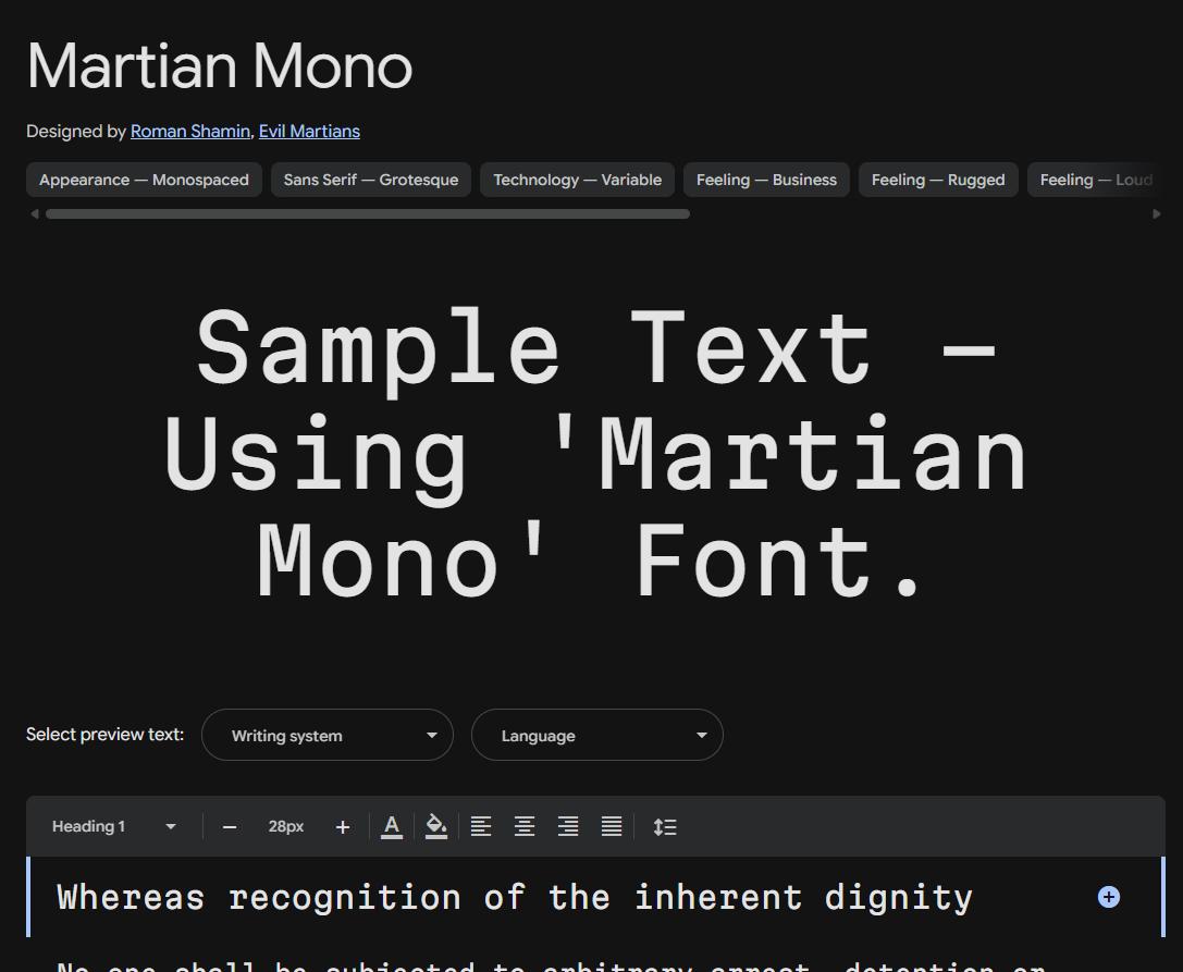 Image sample preview for text using Martian Mono font family