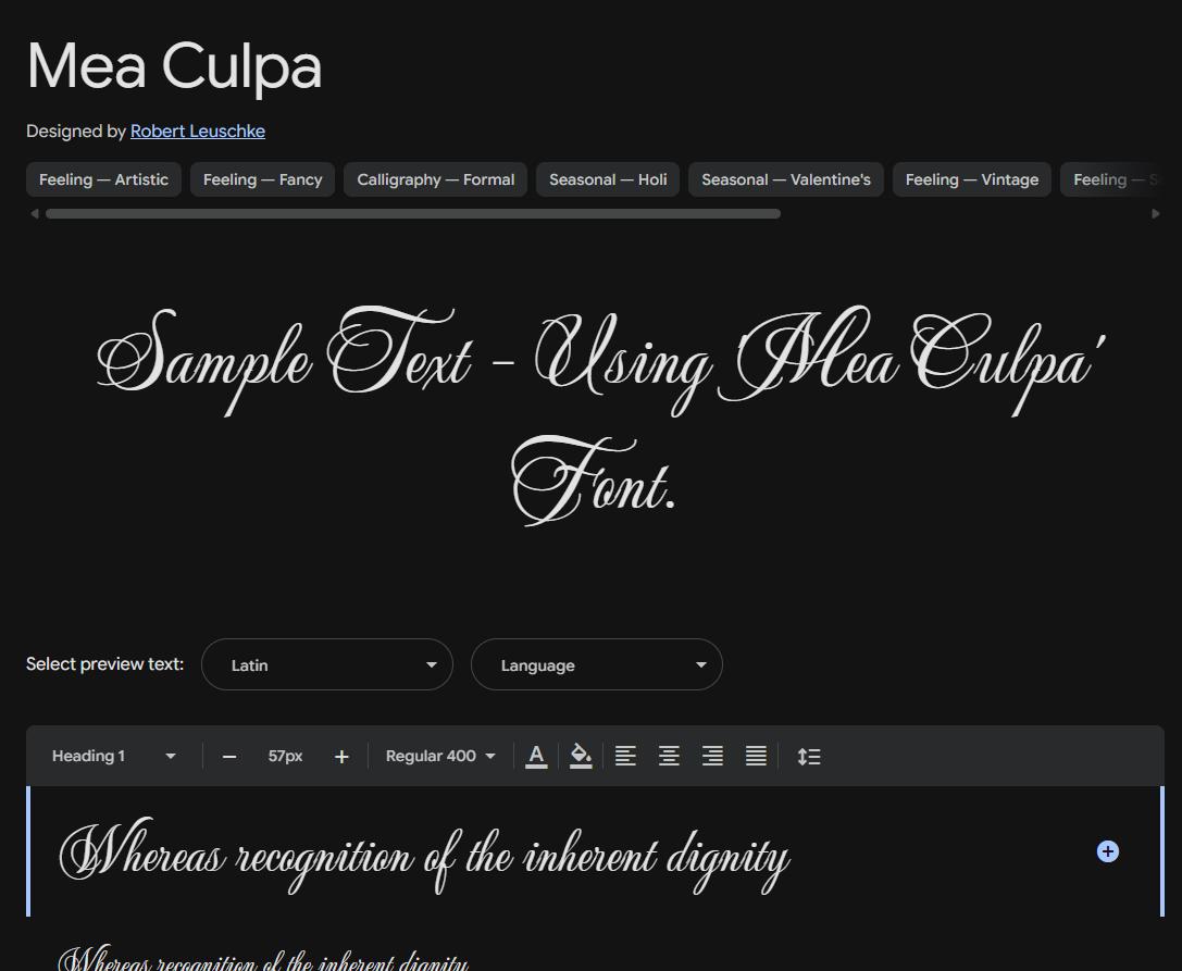Image sample preview for text using Mea Culpa font family