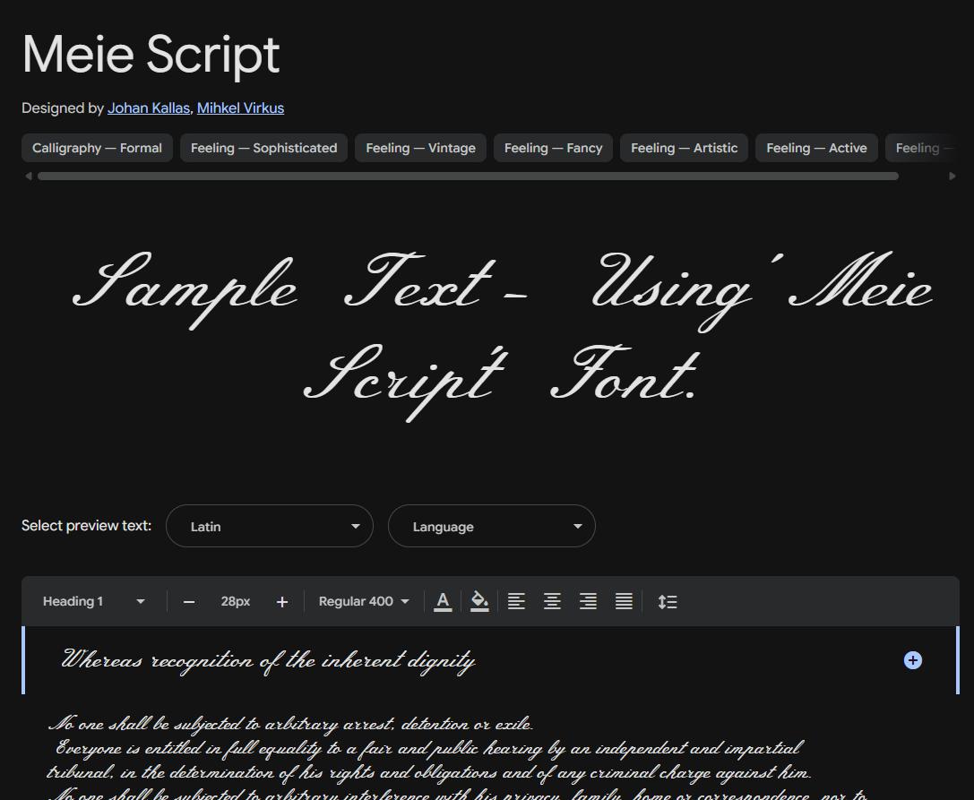 Image sample preview for text using Meie Script font family