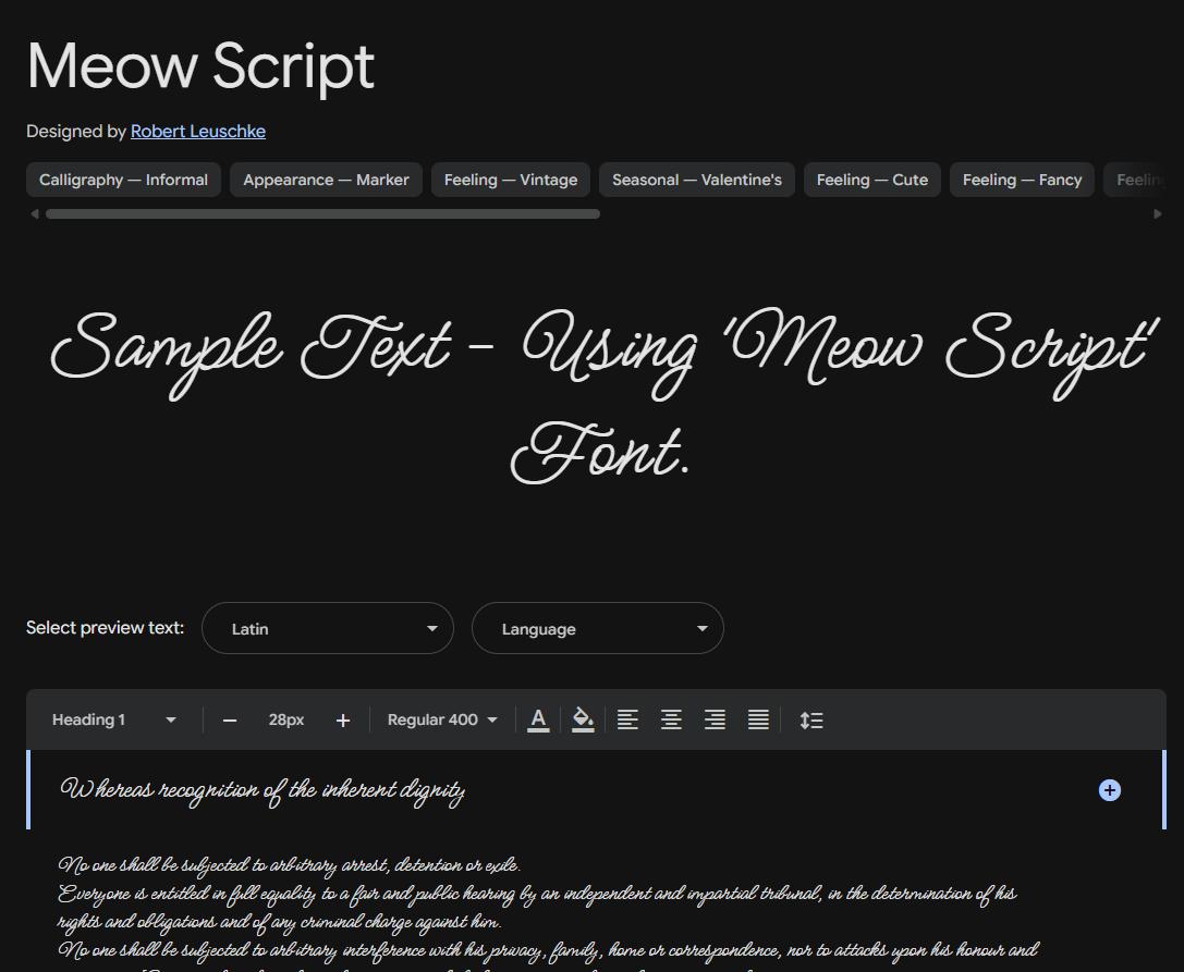 Image sample preview for text using Meow Script font family